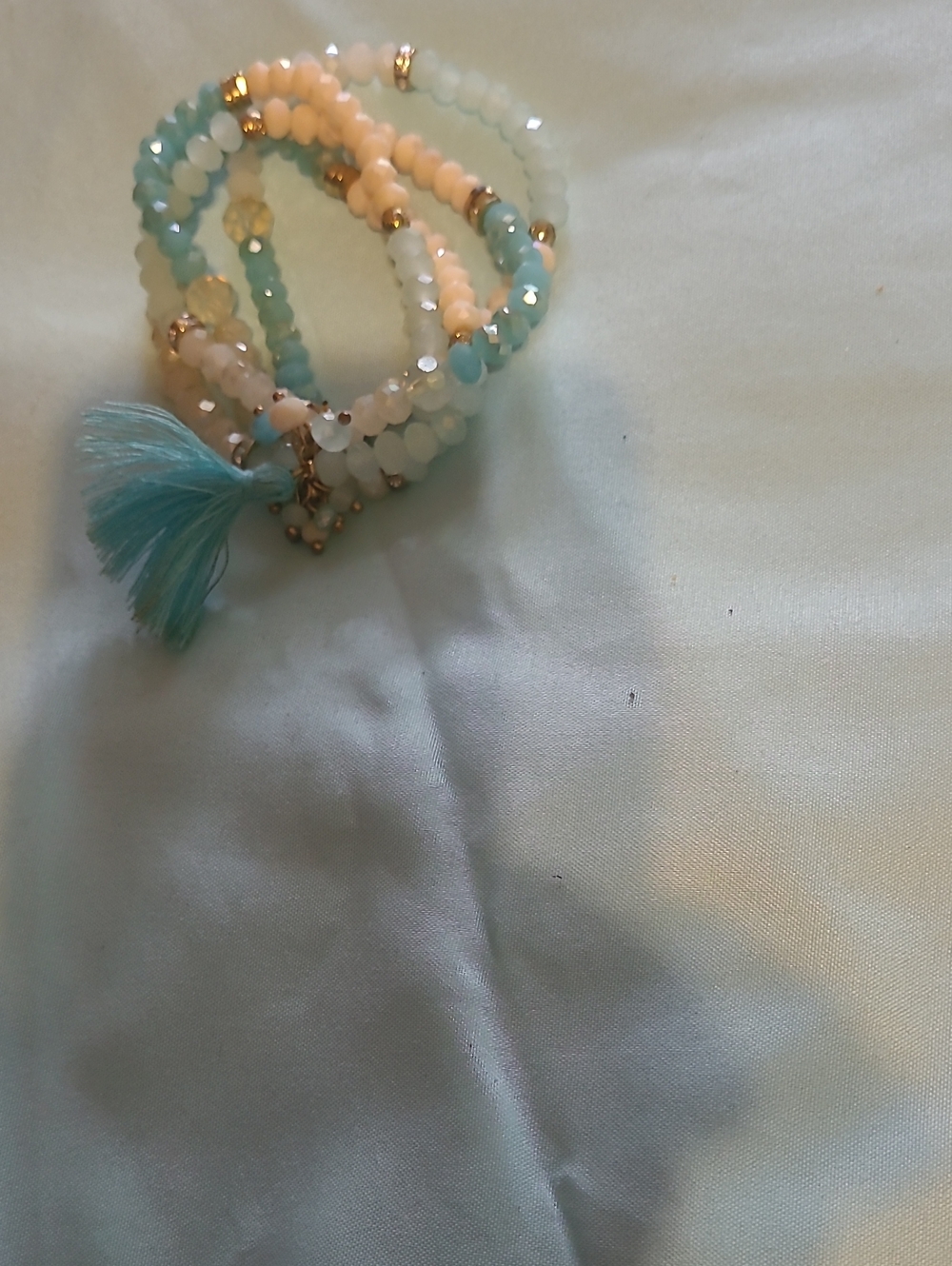 Beaded Tassel Stretch Bracelet Stack in Aqua and Cream